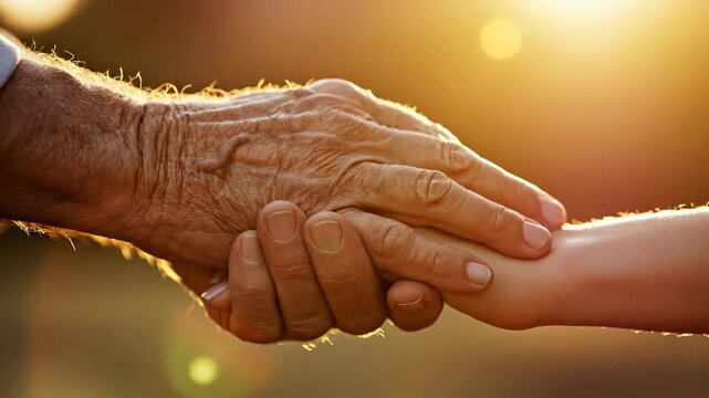 Elderly hand and young hand support care trust connection in sunlight outdoor warmth, gentle touch showing emotional generational bond, compassion, tenderness, love, hope, comfort, friendship