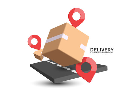 parcel box or cardboard box is traveling down road or route to be delivered to a customer at location indicated by a red pin, vector 3d isolated for delivery, e commerce, online shopping concept
