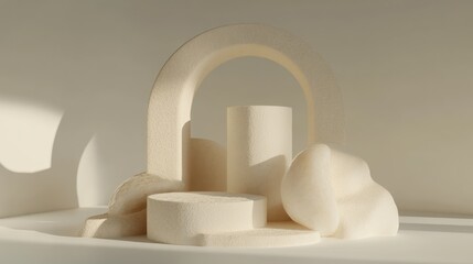 Abstract 3D rendered scene with minimalist geometric and organic forms in a soothing beige palette, casting long shadows under soft sunlight