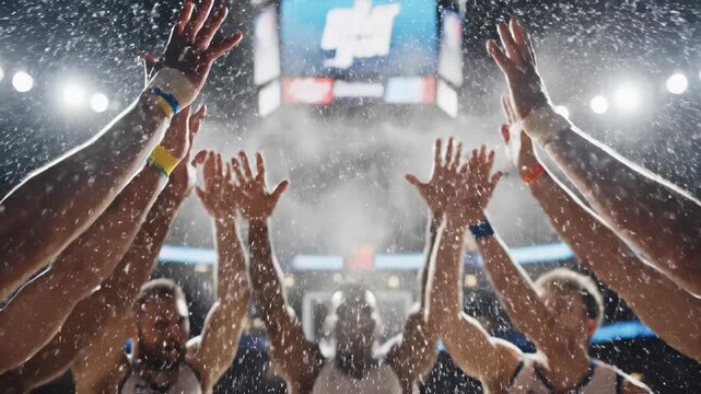 High five basketball team celebration victory athlete sportsmanship unity energy stadium players show teamwork motivation and determination as group huddles court, hands stacked solidarity