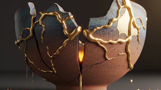 Cracked bowl ceramic gold repair kintsugi closeup warm light artistic textured Japanese tradition, glowing golden liquid restoration, dramatic lighting, blue and brown pottery, symbolizing resilience