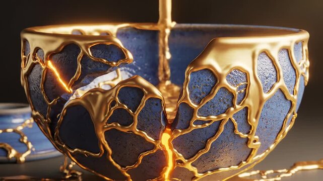 Blue Ceramic Bowl Kintsugi Closeup Shiny Gold Repair on Cracked Pottery, Molten Gold Flowing Over Textured Surface, Artistic Japanese Style Restoration, Emotional Healing, Unique Abstract Art Scene