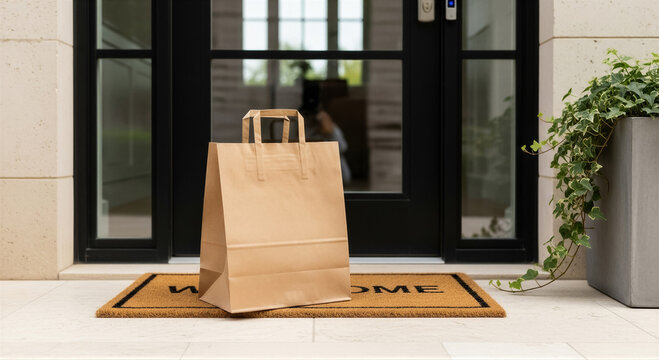 Brown paper bag on welcome mat at front door entrance of modern home for delivery concept