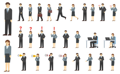 フラットイラスト：スーツを着た男女セット(冬)表情あり