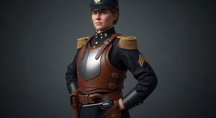 Fototapeta premium Female military officer portrait features period uniform with armor and sidearm