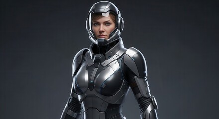 Fototapeta premium Female space operative presents determined expression while wearing advanced metallic protective body coverings