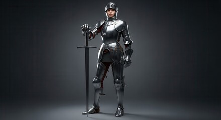 Fototapeta premium Female warrior wearing polished full plate armor stands holding a large two handed sword