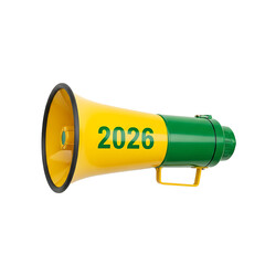 A green and yellow megaphone with the year "2026" written on its side. Brazil at the 2026 World Soccer Championship, accessories.Transparent background