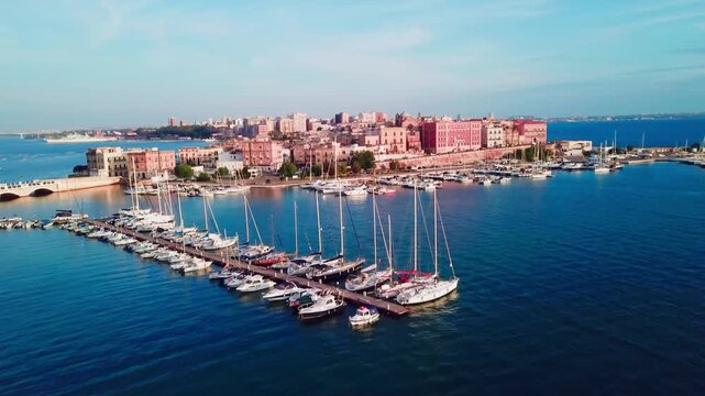 Taranto, Italy, city view, harbor, industrial city, sea city, mussel culture, Ilva factory, panorama, landscape, aerial shot, travel, travelling, vacation, holiday, tourist, tourism, high angle, cinem