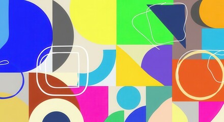 Vibrant geometric composition features overlapping abstract shapes and bright colors across a grid