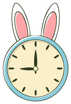 Cartoon Clock with Cute Bunny Ears Showing Nine O'Clock for Easter Holiday