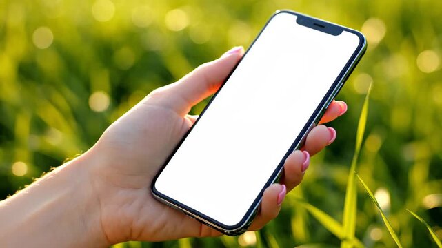 Close-up shot of a woman's hand holding a modern smartphone with a blank screen template against a sunny, natural green grass background.