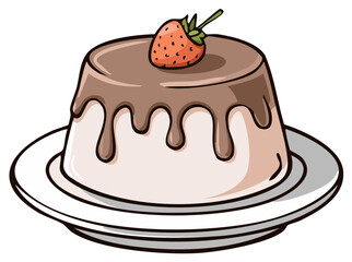 Sweet dessert of chocolate and vanilla pudding with strawberry on top of plate.