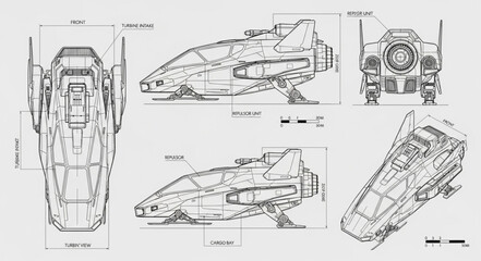 Detailed Blueprint Schematics of a Futuristic Spaceship Design. © milah