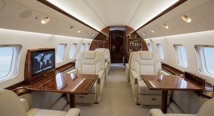 Luxurious passenger cabin interior demonstrates first-class private aircraft amenities and high-end seating arrangements