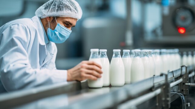 packaged milk bottles for quality control on blurred background