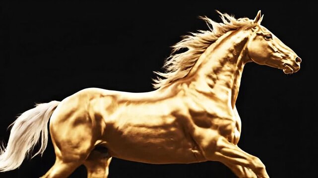Golden palomino horse running dynamically with a flowing white tail on a dramatic black background