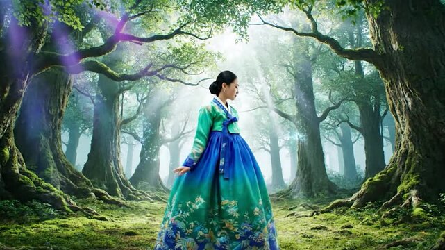 Enchanting Korean Woman in Traditional Hanbok Amidst Mystical Forest.