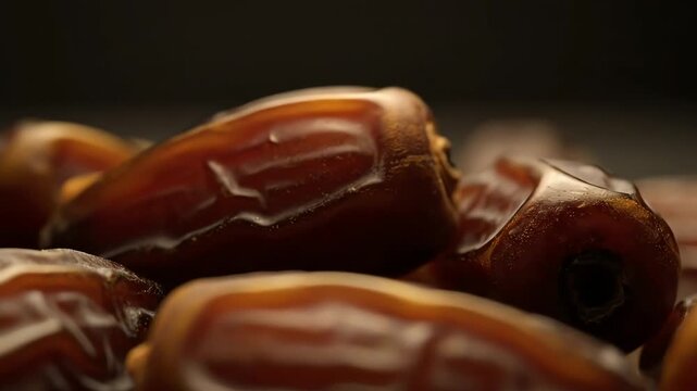 Close up of a pile of delicious, ripe dates, highlighting their rich color and texture, perfect for healthy snacks and culinary use