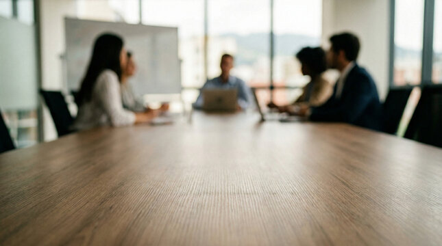 Group of business professionals engaged in a meeting around a wooden conference table with a blurred focus on participants and a city view through large windows