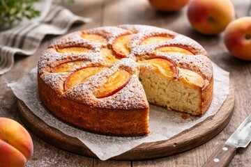 Naklejka premium Fresh peach cake with powdered sugar and a slice removed, displaying fluffy texture on a rustic wooden table