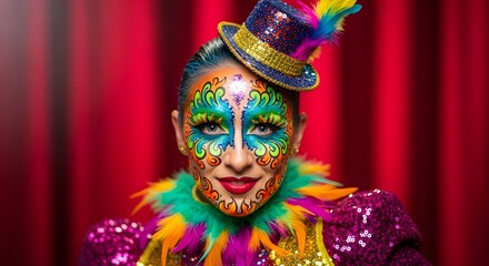 Fototapeta premium Circus Day A person with colorful face paint and a miniature top hat, looking directly at the camera. The person is wearing a flamboyant outfit against a red background. 