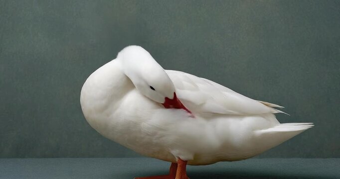 A pristine white waterfowl stands gracefully, showcasing its vibrant red beak and pure white plumage against a muted background. This elegant bird embodies tranquility, ideal for projects on wildlife,