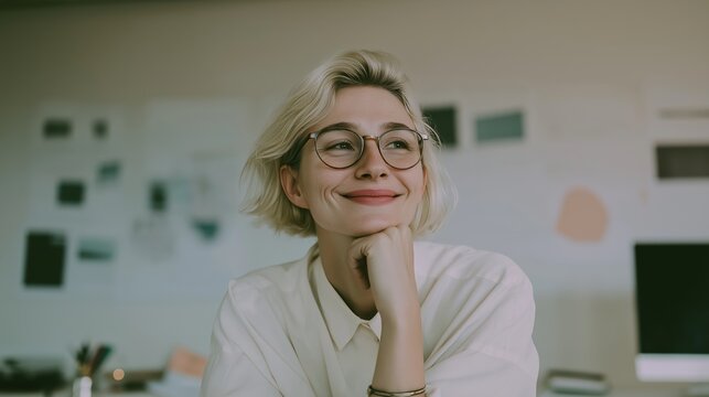 Creative woman in glasses thinking and smiling, finding inspiration for a new startup project at her office desk