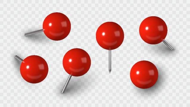 3D red thumbtack pin set isolated on background. Vector illustration.