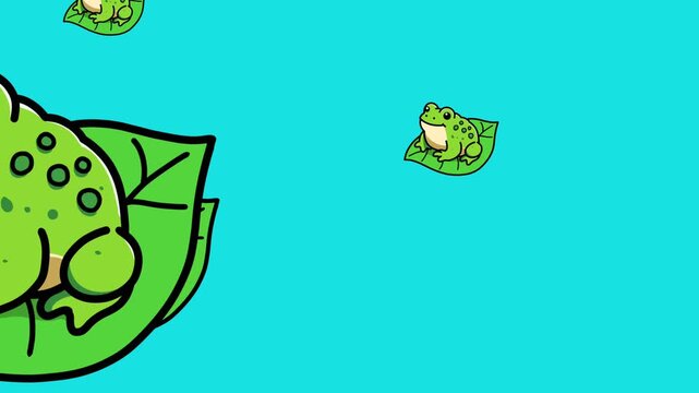 Animation of a group of frogs on a floating leaf with a blue background