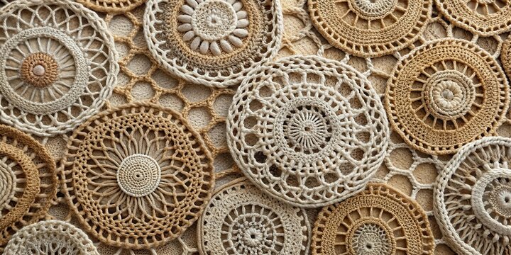 A Collection of Intricately Crafted Circular Crochet Doilies in Earthy Hues, Displaying a Variety of Delicate Patterns and Textures