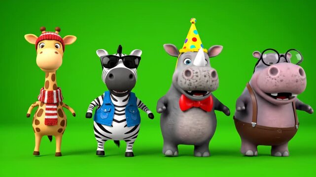 Whimsical Cartoon Animals Dancing on Green Screen