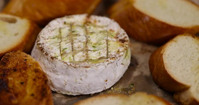oven-fried round soft white cheese in a mold with pieces of fried crispy baguette with spices, delicious cheese with mold and wheat flour baguette with natural spices