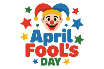 Fototapeta premium Cartoon clown face with red blue yellow jester hat April Fools Day text and stars April Fool’s Day