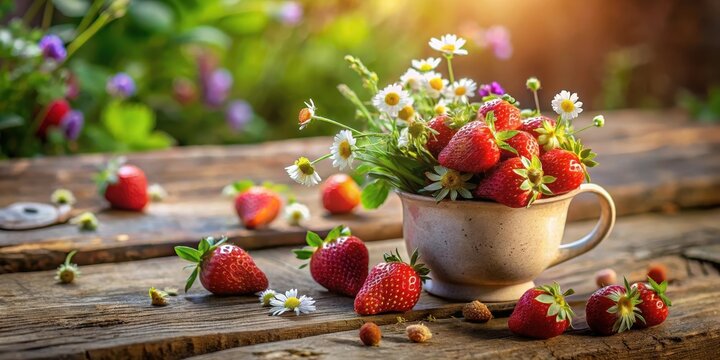 Summer's bounty a rustic still life featuring ripe strawberries nestled amongst delicate wildflowers in a charming cup, arranged on a weathered wooden surface, bathed in warm sunlight.