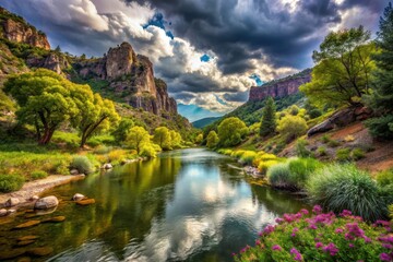 Fototapeta premium Serene River Valley Landscape Featuring Majestic Cliffs and Lush Vegetation Under a Dramatic Sky