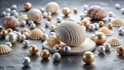 Obraz premium Elegant Seashells and Pearls Still Life Composition Featuring a Textured Orb