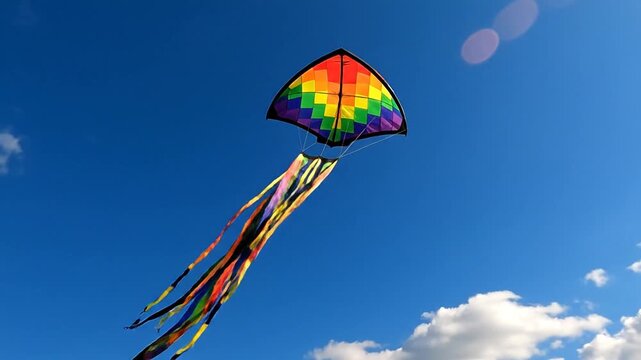 Colorful kite flying in bright blue sky.