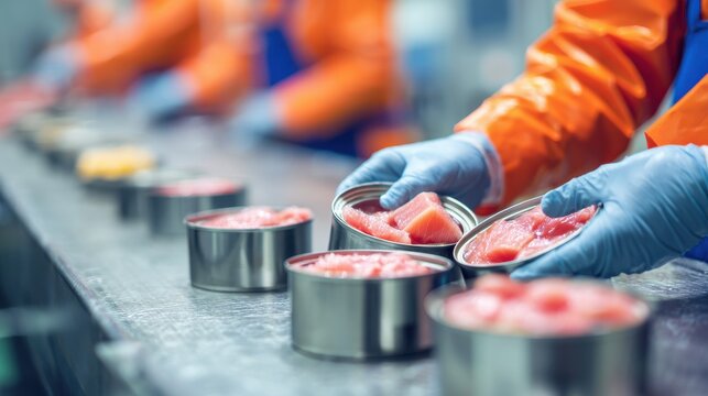 Workers carefully placing fish pieces into empty metal cans  on blurred background