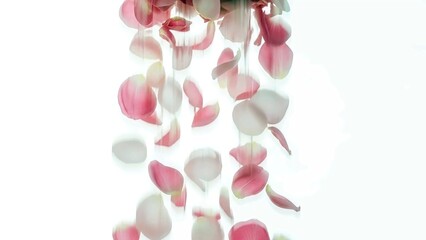 Fototapeta premium Dreamy Valentine's Day Backdrop: Pink and White Rose Petals Falling on Soft White, Romantic Texture for Celebrations and Holiday Greetings with Valentine's Day Theme