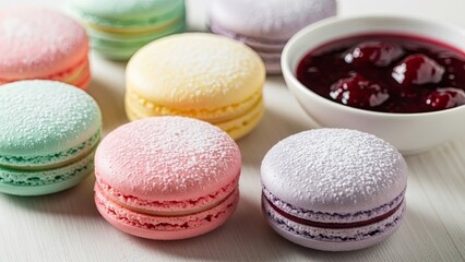 Fototapeta premium Assortment of pastel-colored French macarons with powdered sugar next to a bowl of dark berry compote on a white table.