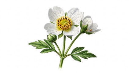 Fototapeta premium White Flower with Green Leaves and Yellow Center.