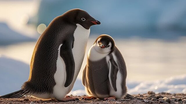 Adelie penguin parents nurturing their adorable chick in a serene natural habitat