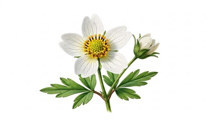 Fototapeta premium White Flower with Green Leaves Illustration.
