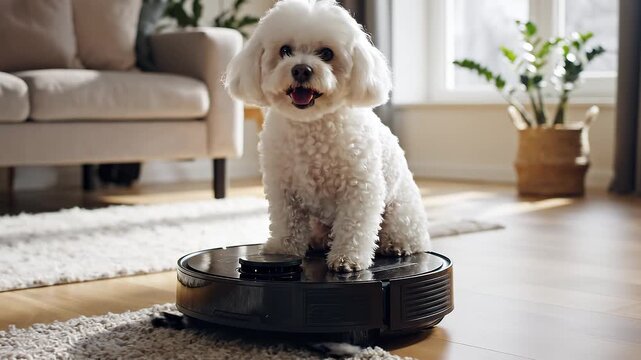 ロボット掃除機に乗る白い犬のかわいらしい日常シーン