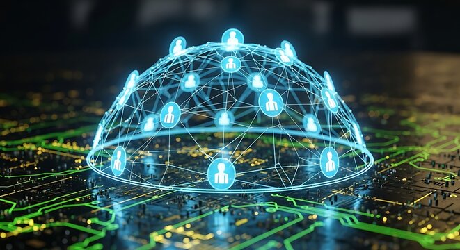 Glowing blue network dome with nodes on circuit board background futuristic tech