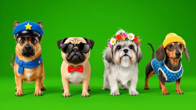 Four cartoon dogs in costumes dancing on a green screen
