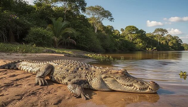 Close up of Yacare caiman (Caiman yacare) sunbathe on the river's edge in the Pantanal, Brazil.
