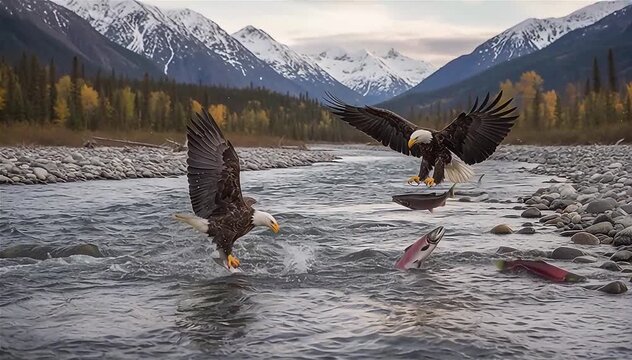 The bald eagles (Haliaeetus leucocephalus) hunting salmon at river in west Alaska.
