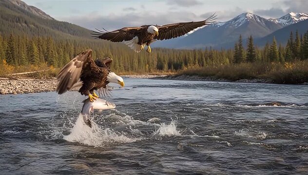 The bald eagles (Haliaeetus leucocephalus) hunting salmon at river in west Alaska.

